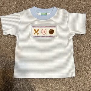 Velani Classics White & Light Blue Striped Baseball Smocked Tee